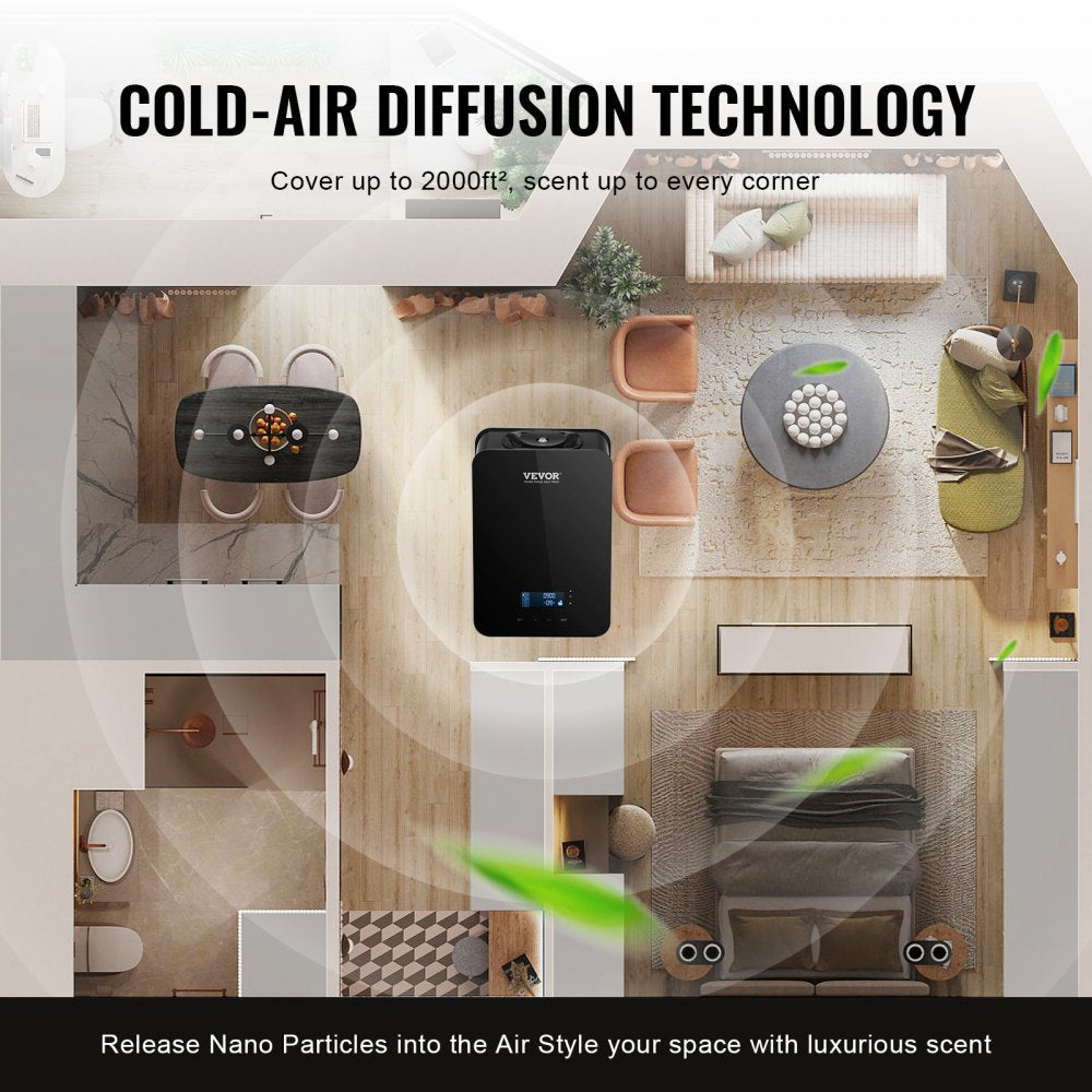 VEVOR Scent Air Machine, 180ml Bluetooth Smart Essential Oil Diffuser, 2000sq.ft Waterless HVAC Scent Diffuser with Cold Air Technology, Aromatherapy Diffuser Machine for Home, Office, Hotel, 