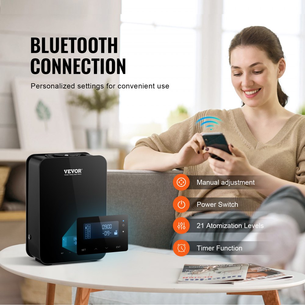 VEVOR Scent Air Machine, 180ml Bluetooth Smart Essential Oil Diffuser, 2000sq.ft Waterless HVAC Scent Diffuser with Cold Air Technology, Aromatherapy Diffuser Machine for Home, Office, Hotel, 