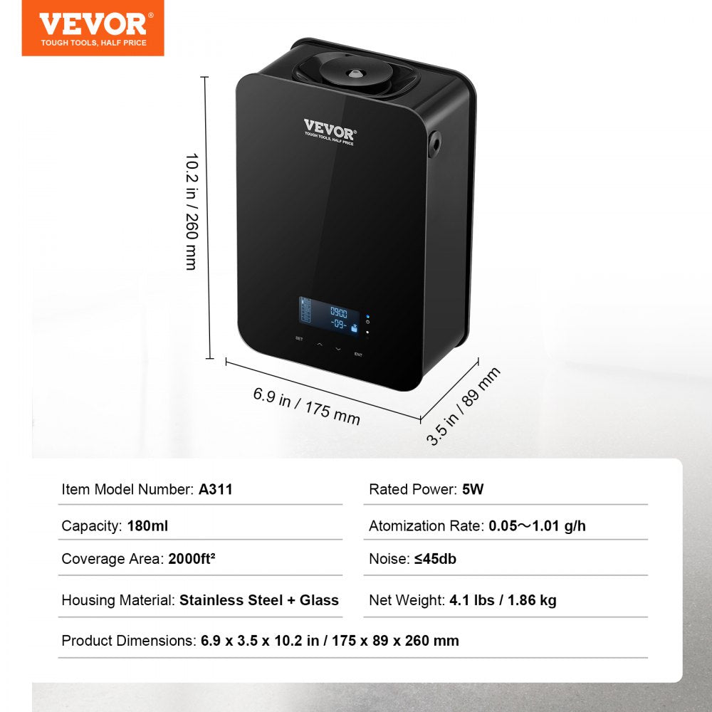 VEVOR Scent Air Machine, 180ml Bluetooth Smart Essential Oil Diffuser, 2000sq.ft Waterless HVAC Scent Diffuser with Cold Air Technology, Aromatherapy Diffuser Machine for Home, Office, Hotel, 