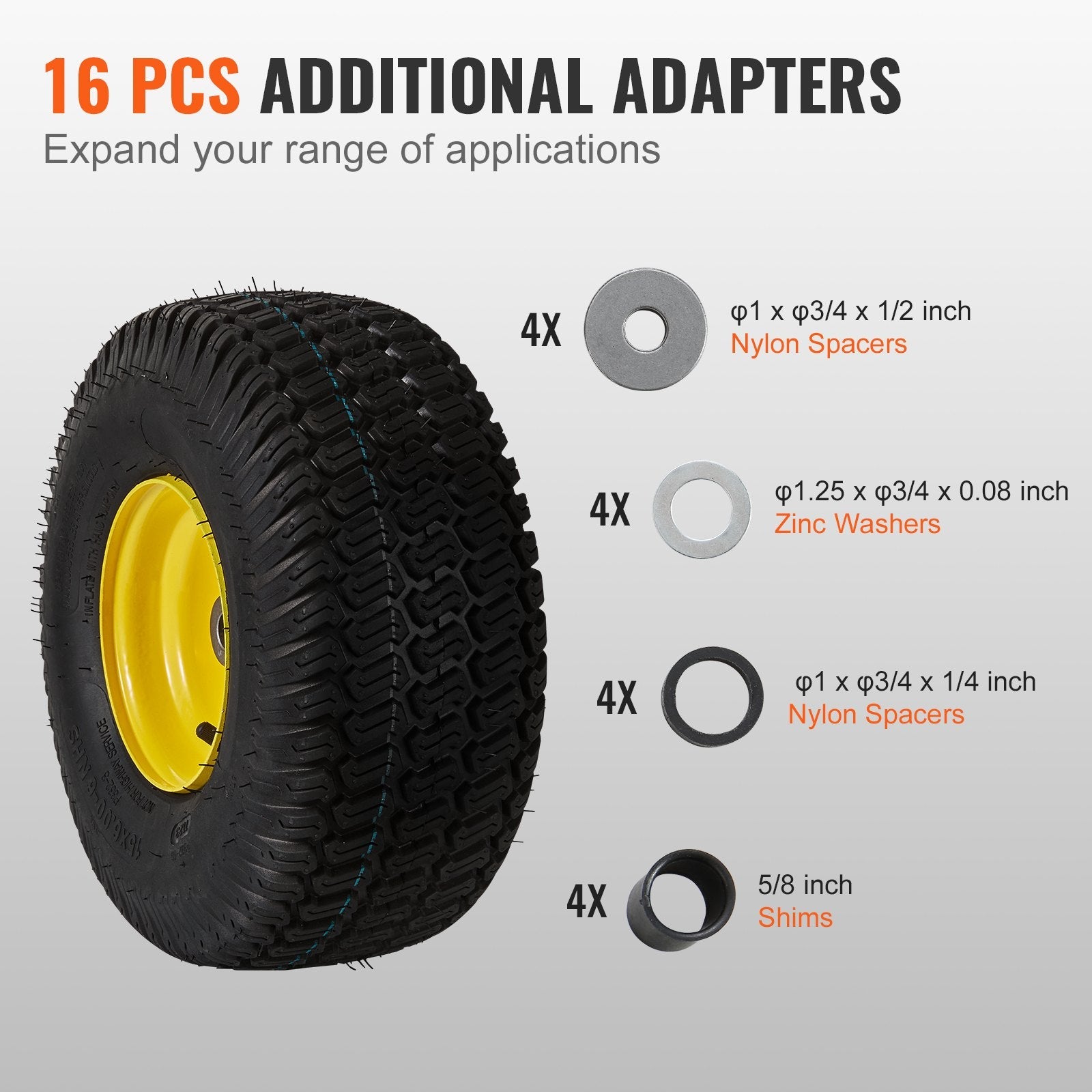 VEVOR Lawn Mower Tires with Rim, 15x6-6" Tubeless Tractor Tires, 2-Pack Tire and Wheel Assembly, S-Turf Pneumatic Tires, 3" Offset Hub, 3/4" Bushing Size, 16 PCS Adapters for Riding Mower Lawn Tractor 
