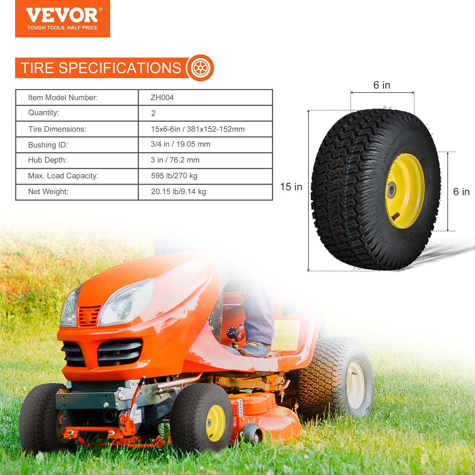 VEVOR Lawn Mower Tires with Rim, 15x6-6" Tubeless Tractor Tires, 2-Pack Tire and Wheel Assembly, S-Turf Pneumatic Tires, 3" Offset Hub, 3/4" Bushing Size, 16 PCS Adapters for Riding Mower Lawn Tractor 