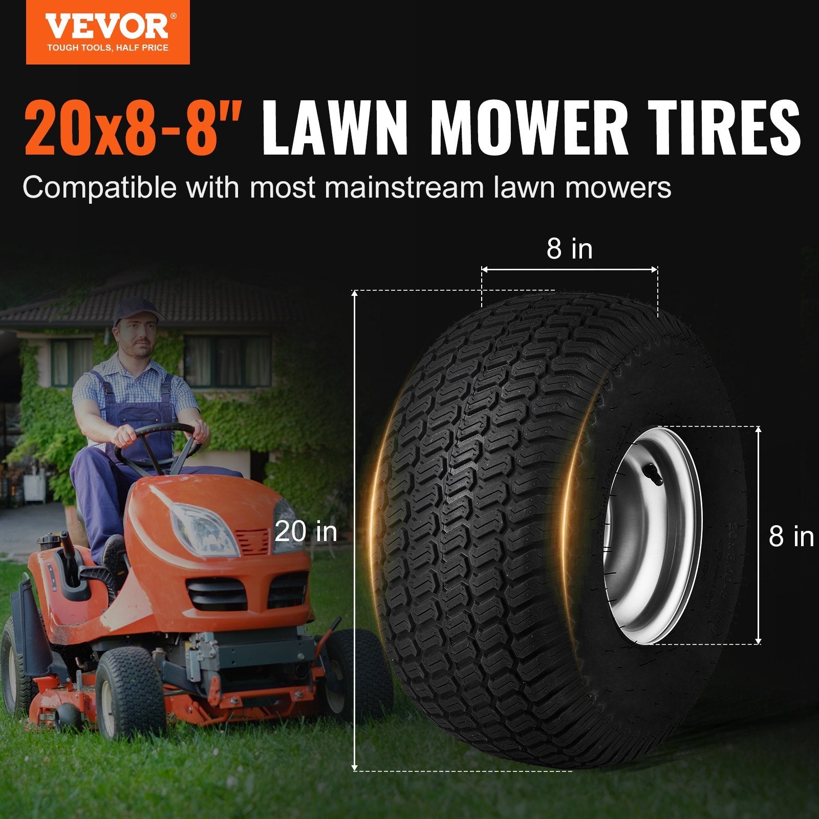 VEVOR Lawn Mower Tires with Rim, 20x8-8" Tubeless Tractor Tires, 2-Pack Tire, S-Turf Pneumatic Tires with 3.5" Offset Hub and 3/4" Bushing Size, for Riding Mowers Lawn Tractors 