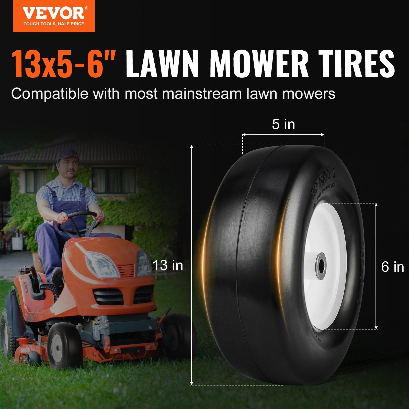 VEVOR Lawn Mower Tires with Rim, 13x5-6" Tubeless Tractor Tires, 2-Pack Tire and Wheel Assembly, Flat-free PU Tires, 3.25"-5.9" Centered Hub, 3/4" Bushing Size, 20 PCS Adapter for Lawn Mowers Tractors 