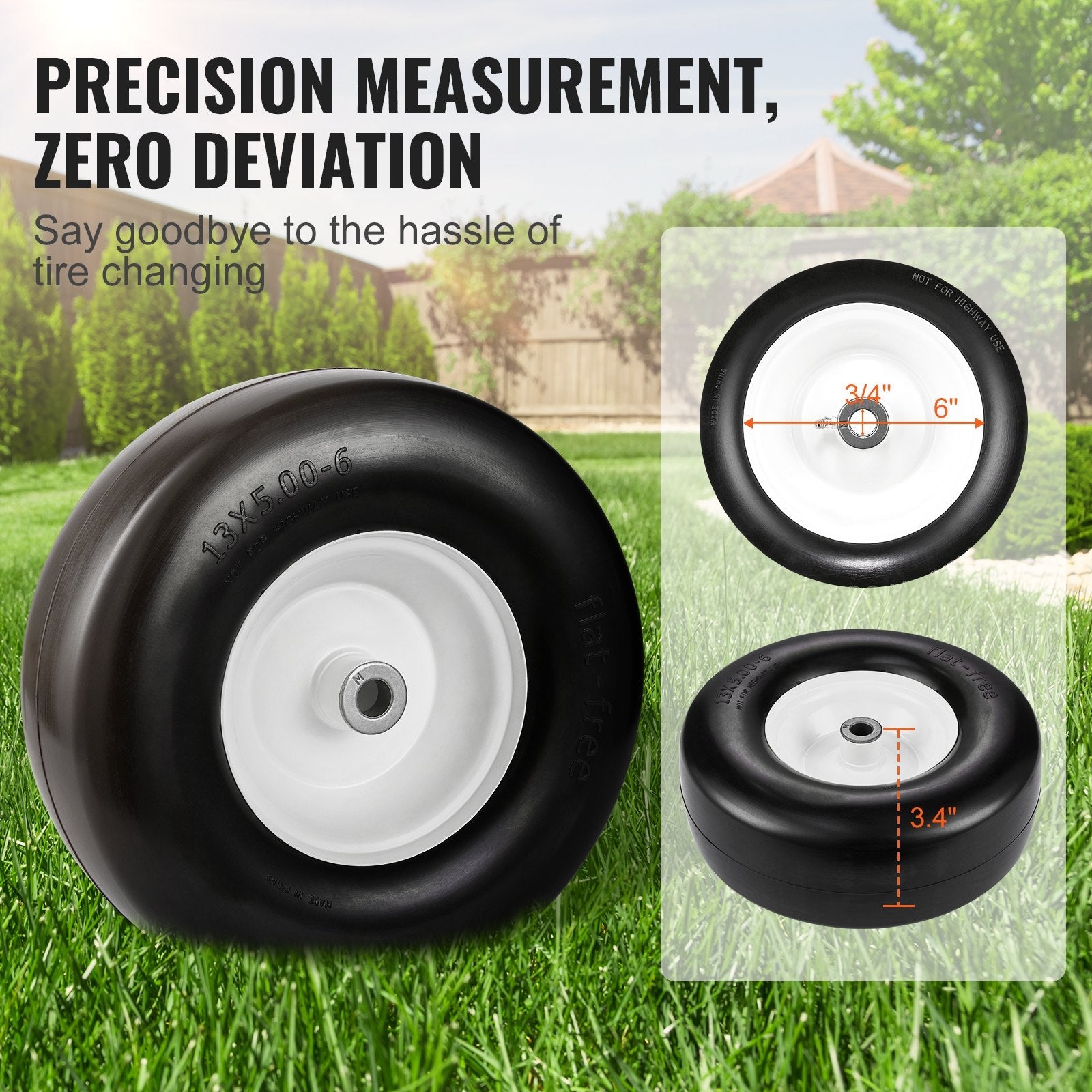 VEVOR Lawn Mower Tires with Rim, 13x5-6" Tubeless Tractor Tires, 2-Pack Tire and Wheel Assembly, Flat-free PU Tires, 3.25"-5.9" Centered Hub, 3/4" Bushing Size, 20 PCS Adapter for Lawn Mowers Tractors 