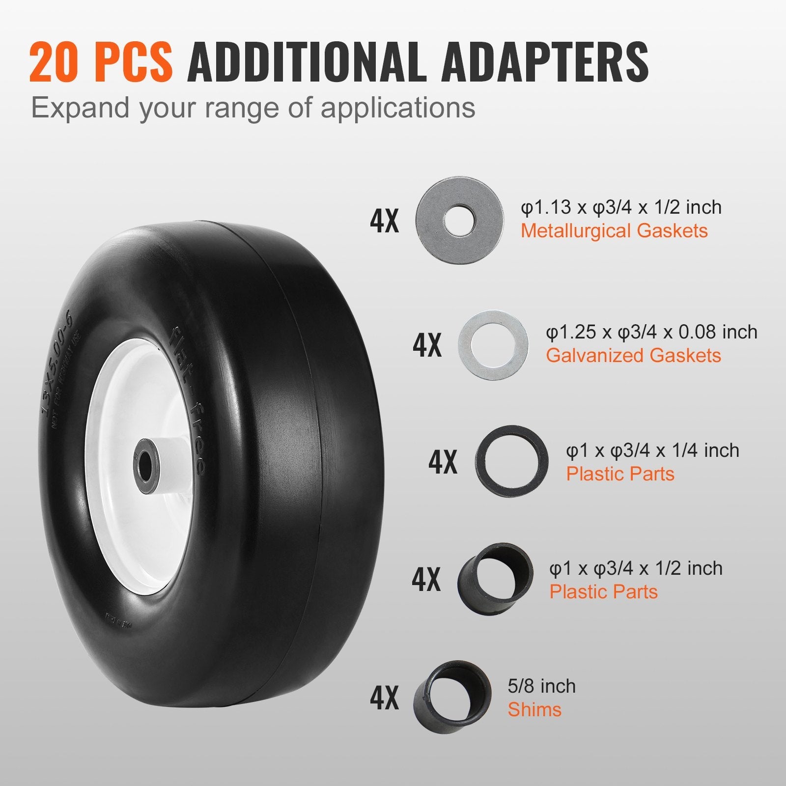 VEVOR Lawn Mower Tires with Rim, 13x5-6" Tubeless Tractor Tires, 2-Pack Tire and Wheel Assembly, Flat-free PU Tires, 3.25"-5.9" Centered Hub, 3/4" Bushing Size, 20 PCS Adapter for Lawn Mowers Tractors 