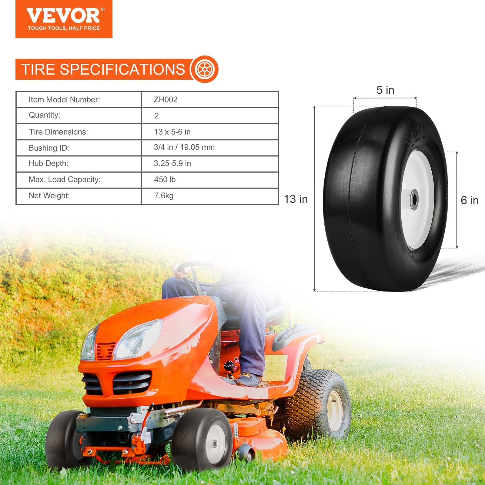 VEVOR Lawn Mower Tires with Rim, 13x5-6" Tubeless Tractor Tires, 2-Pack Tire and Wheel Assembly, Flat-free PU Tires, 3.25"-5.9" Centered Hub, 3/4" Bushing Size, 20 PCS Adapter for Lawn Mowers Tractors 
