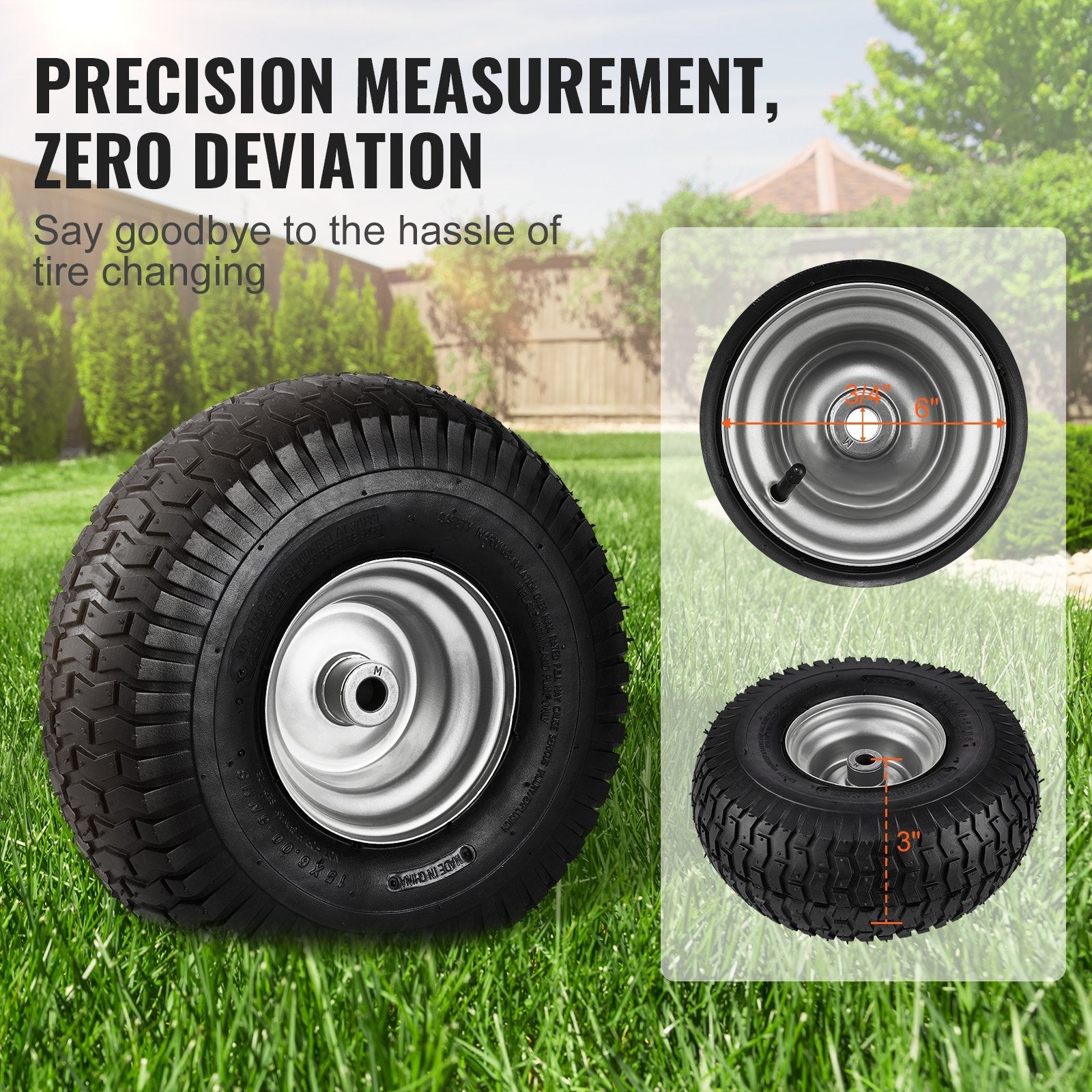 VEVOR Lawn Mower Tires, 15x6-6" Lawn Tractor Tires, 2-Pack Tire and Wheel Assemblies, Turf Pneumatic Tires with 3" Centered Hub and 3/4" Bushing Size, 16 PCS Adapters for Riding Mowers Lawn Tractors 