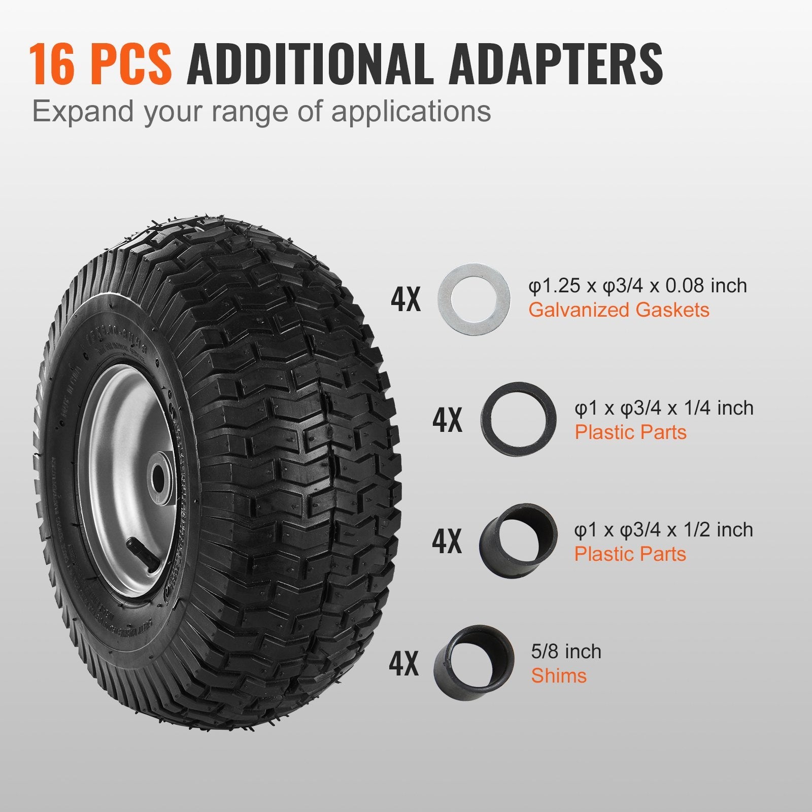 VEVOR Lawn Mower Tires, 15x6-6" Lawn Tractor Tires, 2-Pack Tire and Wheel Assemblies, Turf Pneumatic Tires with 3" Centered Hub and 3/4" Bushing Size, 16 PCS Adapters for Riding Mowers Lawn Tractors 