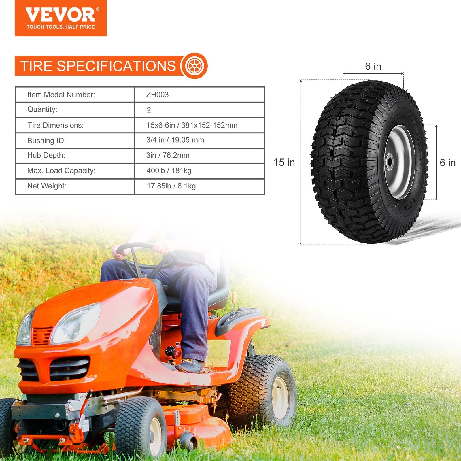 VEVOR Lawn Mower Tires, 15x6-6" Lawn Tractor Tires, 2-Pack Tire and Wheel Assemblies, Turf Pneumatic Tires with 3" Centered Hub and 3/4" Bushing Size, 16 PCS Adapters for Riding Mowers Lawn Tractors 
