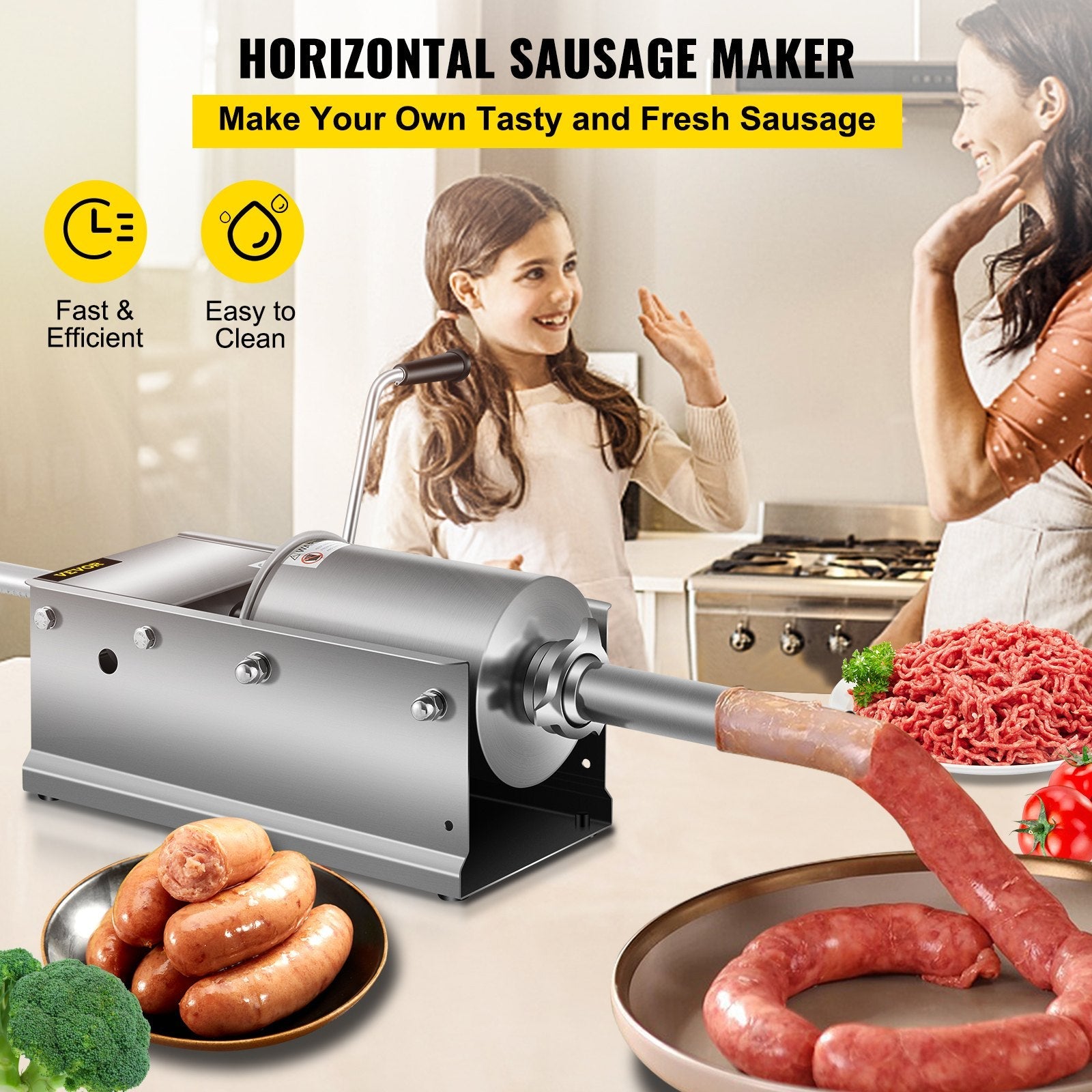 VEVOR Horizontal Sausage Stuffer 3L/ 7Lbs Manual Sausage Maker With 5 Filling Nozzles Sausage Stuffing Machine For Home & Commercial Use Stainless Steel 