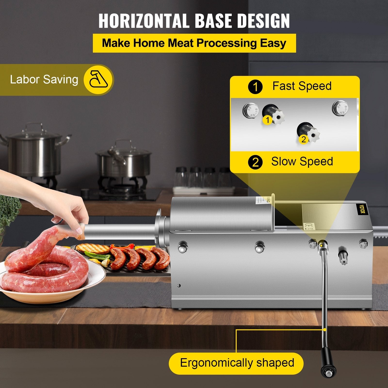 VEVOR Horizontal Sausage Stuffer 3L/ 7Lbs Manual Sausage Maker With 5 Filling Nozzles Sausage Stuffing Machine For Home & Commercial Use Stainless Steel 