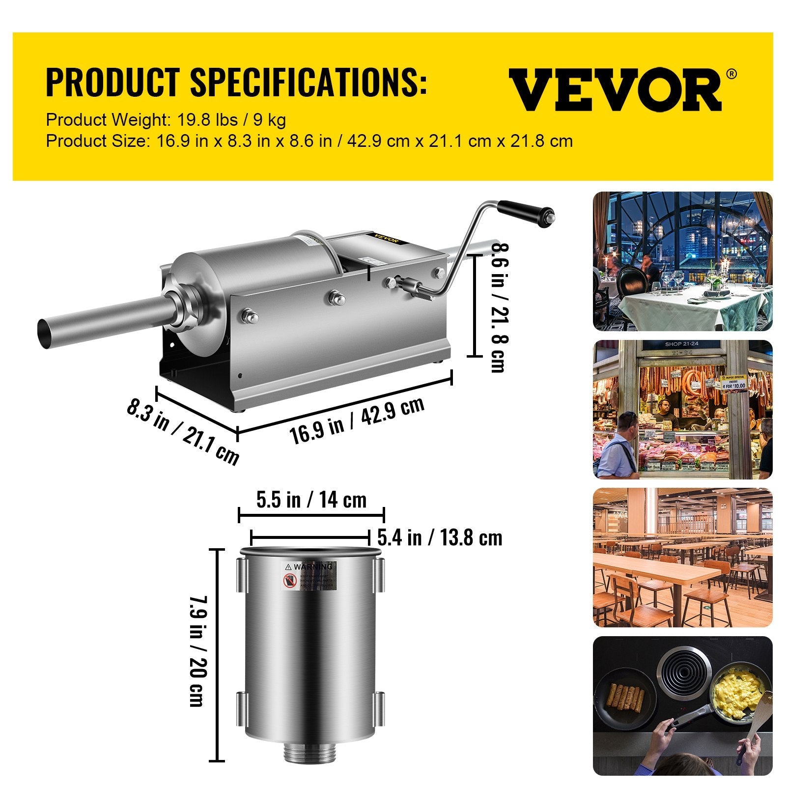 VEVOR Horizontal Sausage Stuffer 3L/ 7Lbs Manual Sausage Maker With 5 Filling Nozzles Sausage Stuffing Machine For Home & Commercial Use Stainless Steel 