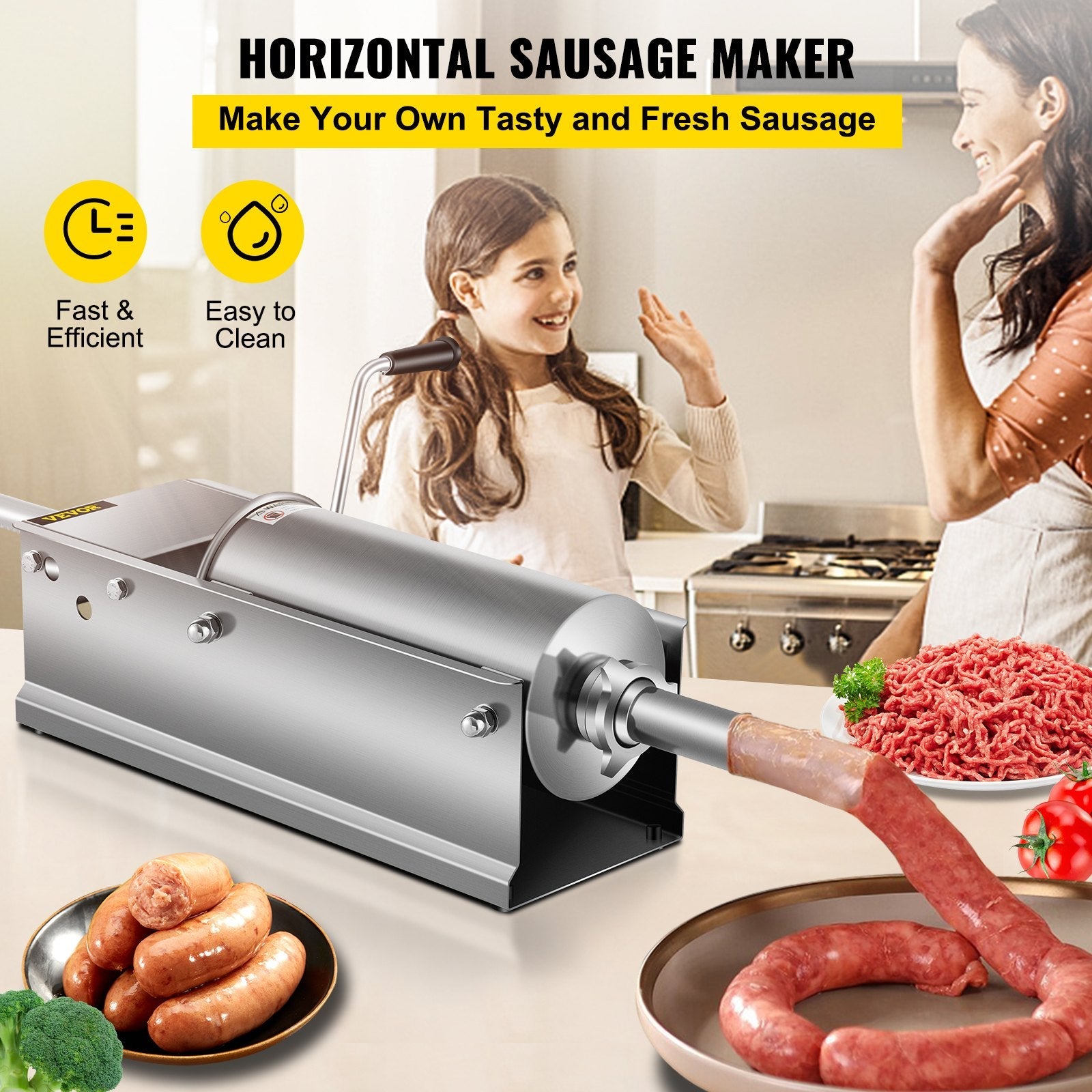 VEVOR Horizontal Sausage Stuffer 5L/11Lbs Manual Sausage Maker With 5 Filling Nozzles Sausage Stuffing Machine For Home & Commercial Use Stainless Steel 