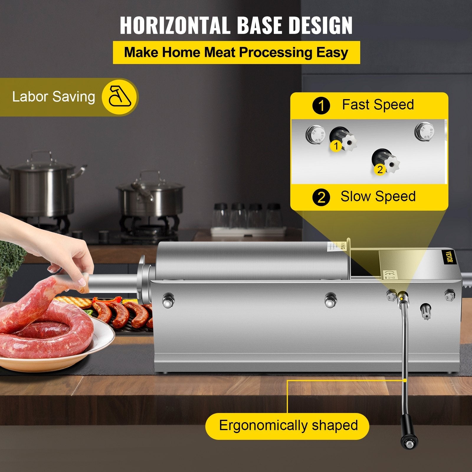 VEVOR Horizontal Sausage Stuffer 5L/11Lbs Manual Sausage Maker With 5 Filling Nozzles Sausage Stuffing Machine For Home & Commercial Use Stainless Steel 