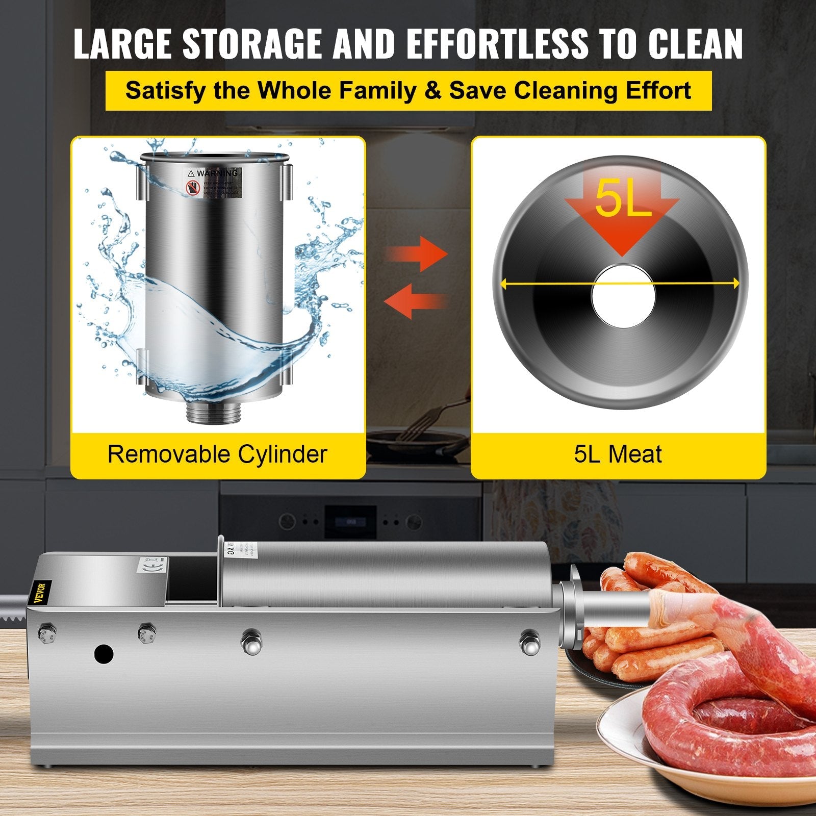 VEVOR Horizontal Sausage Stuffer 5L/11Lbs Manual Sausage Maker With 5 Filling Nozzles Sausage Stuffing Machine For Home & Commercial Use Stainless Steel 