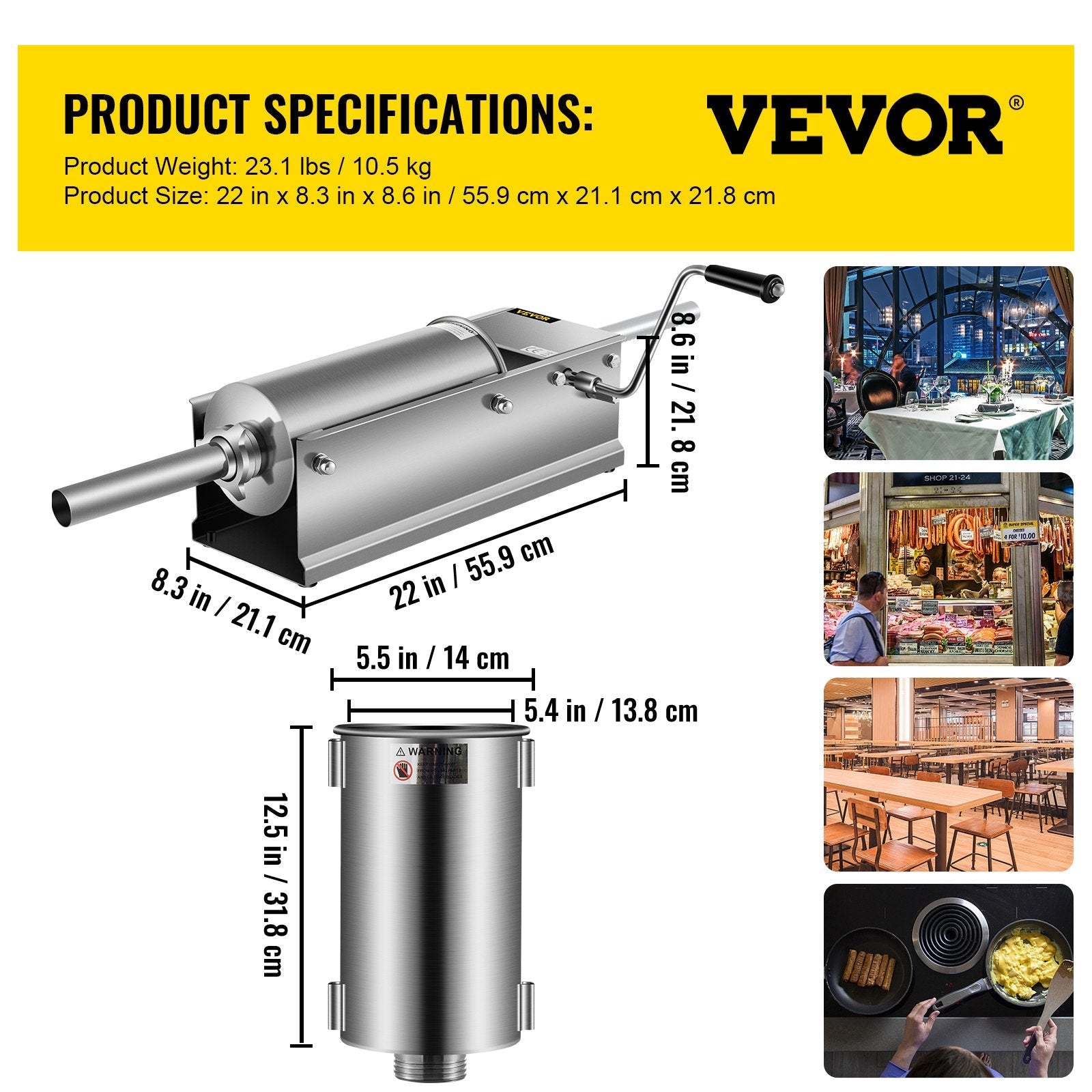 VEVOR Horizontal Sausage Stuffer 5L/11Lbs Manual Sausage Maker With 5 Filling Nozzles Sausage Stuffing Machine For Home & Commercial Use Stainless Steel 
