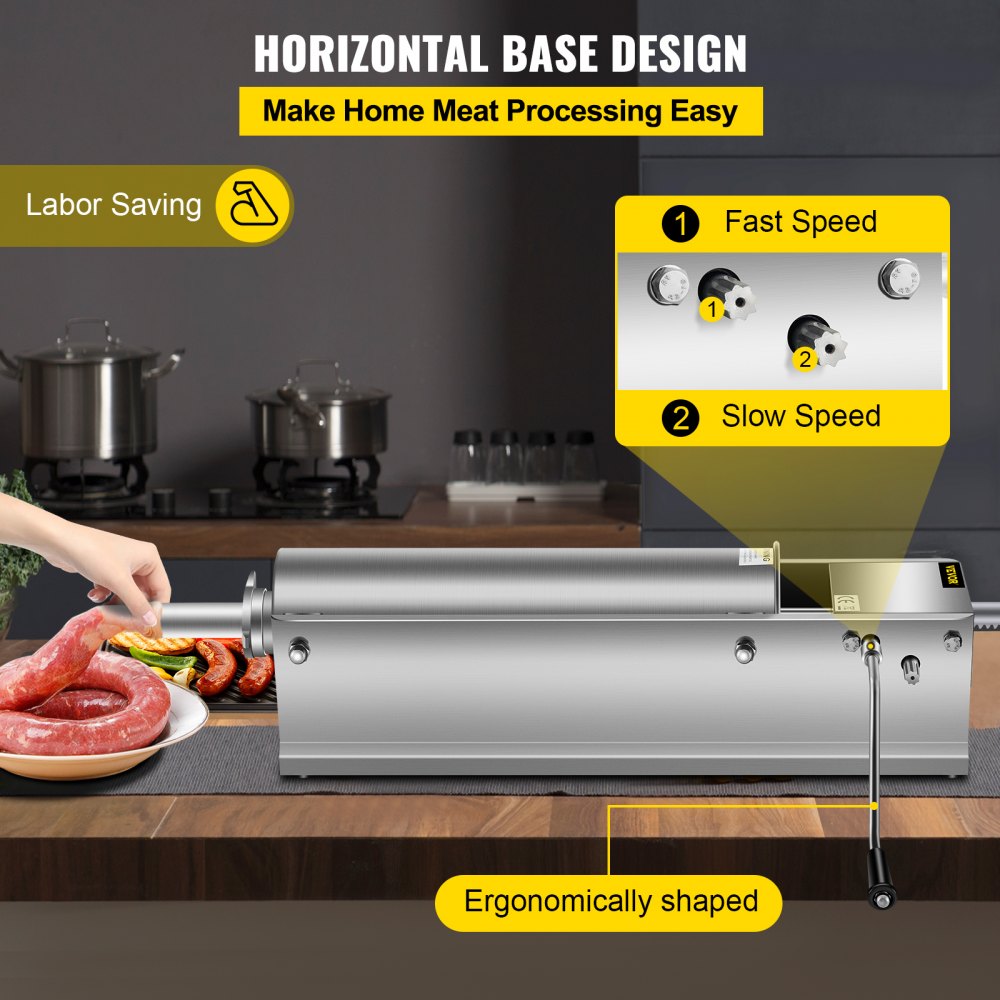 VEVOR Horizontal Sausage Stuffer 7L/15Lbs Manual Sausage Maker With 5 Filling Nozzles Sausage Stuffing Machine For Home & Commercial Use Stainless Steel 