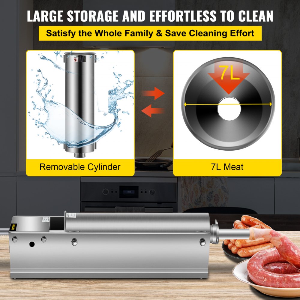 VEVOR Horizontal Sausage Stuffer 7L/15Lbs Manual Sausage Maker With 5 Filling Nozzles Sausage Stuffing Machine For Home & Commercial Use Stainless Steel 