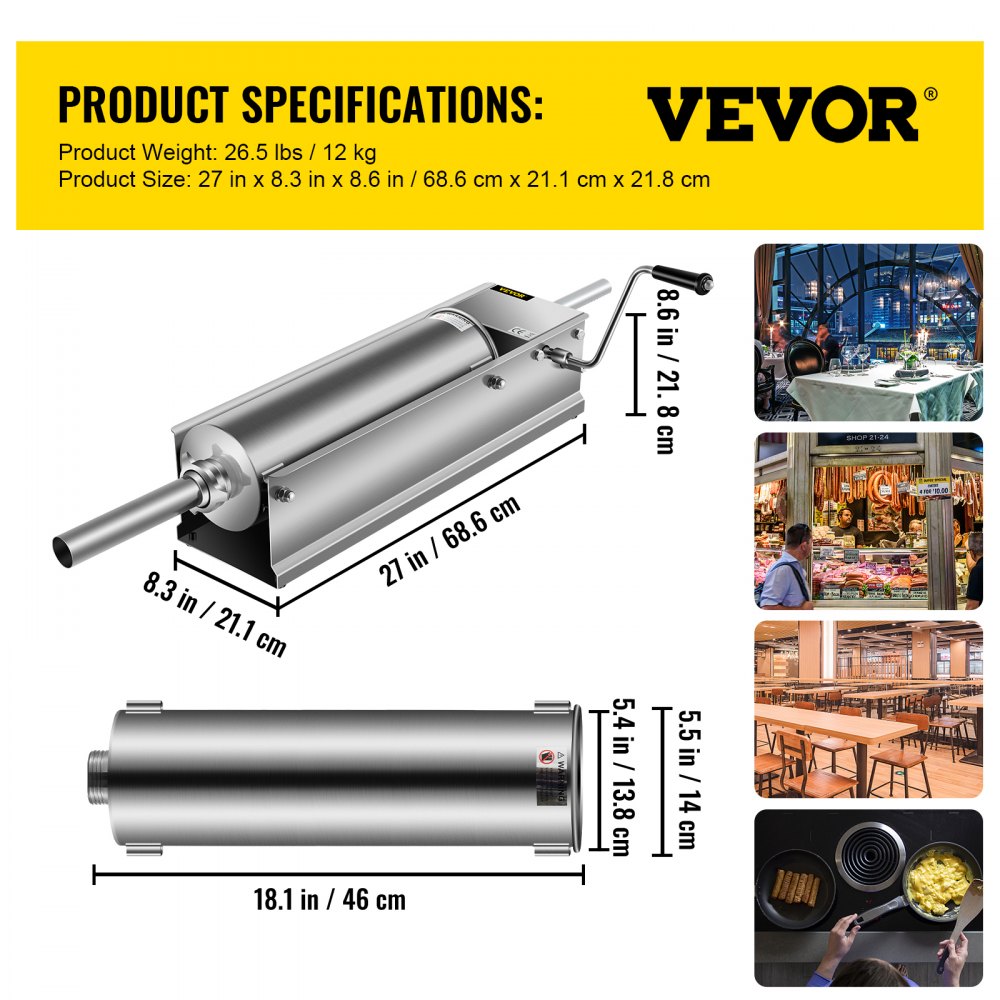 VEVOR Horizontal Sausage Stuffer 7L/15Lbs Manual Sausage Maker With 5 Filling Nozzles Sausage Stuffing Machine For Home & Commercial Use Stainless Steel 