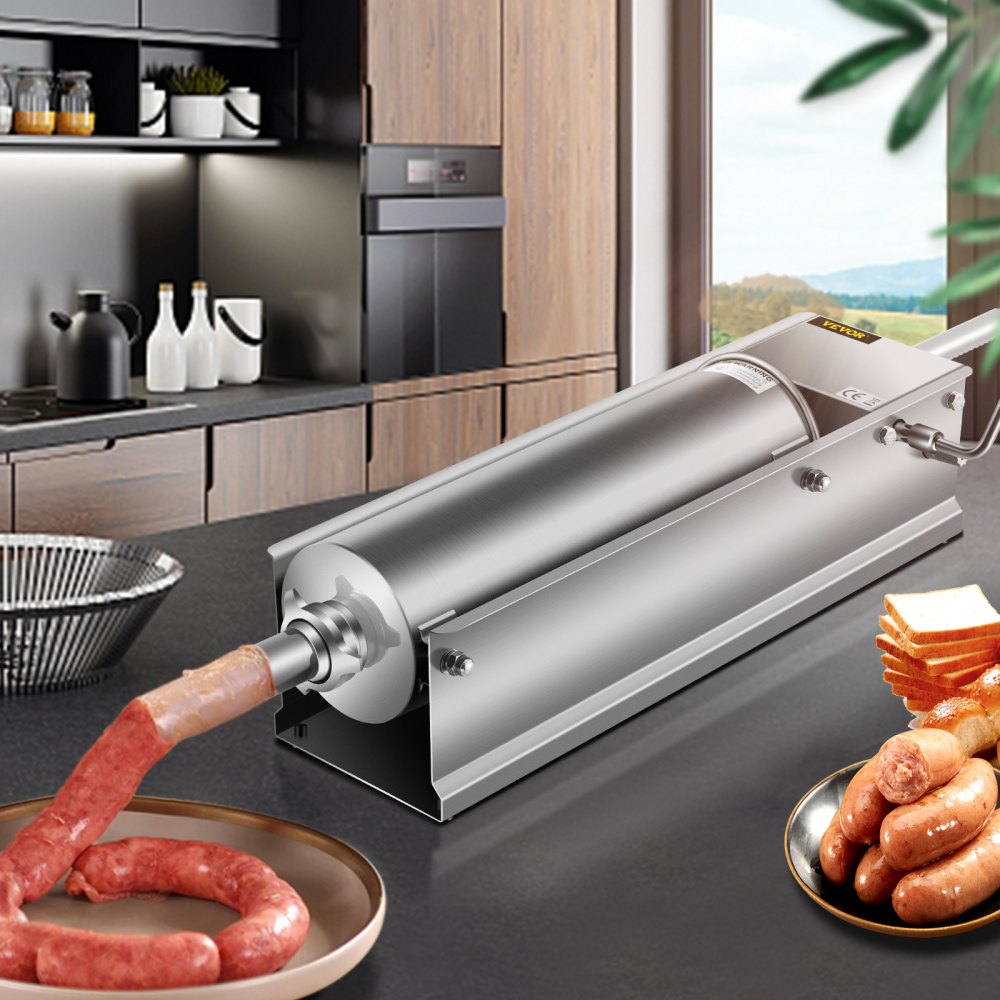 VEVOR Horizontal Sausage Stuffer 7L/15Lbs Manual Sausage Maker With 5 Filling Nozzles Sausage Stuffing Machine For Home & Commercial Use Stainless Steel 