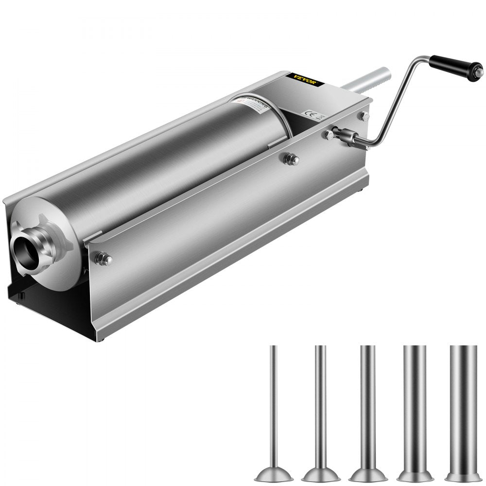 VEVOR Horizontal Sausage Stuffer 7L/15Lbs Manual Sausage Maker With 5 Filling Nozzles Sausage Stuffing Machine For Home & Commercial Use Stainless Steel 