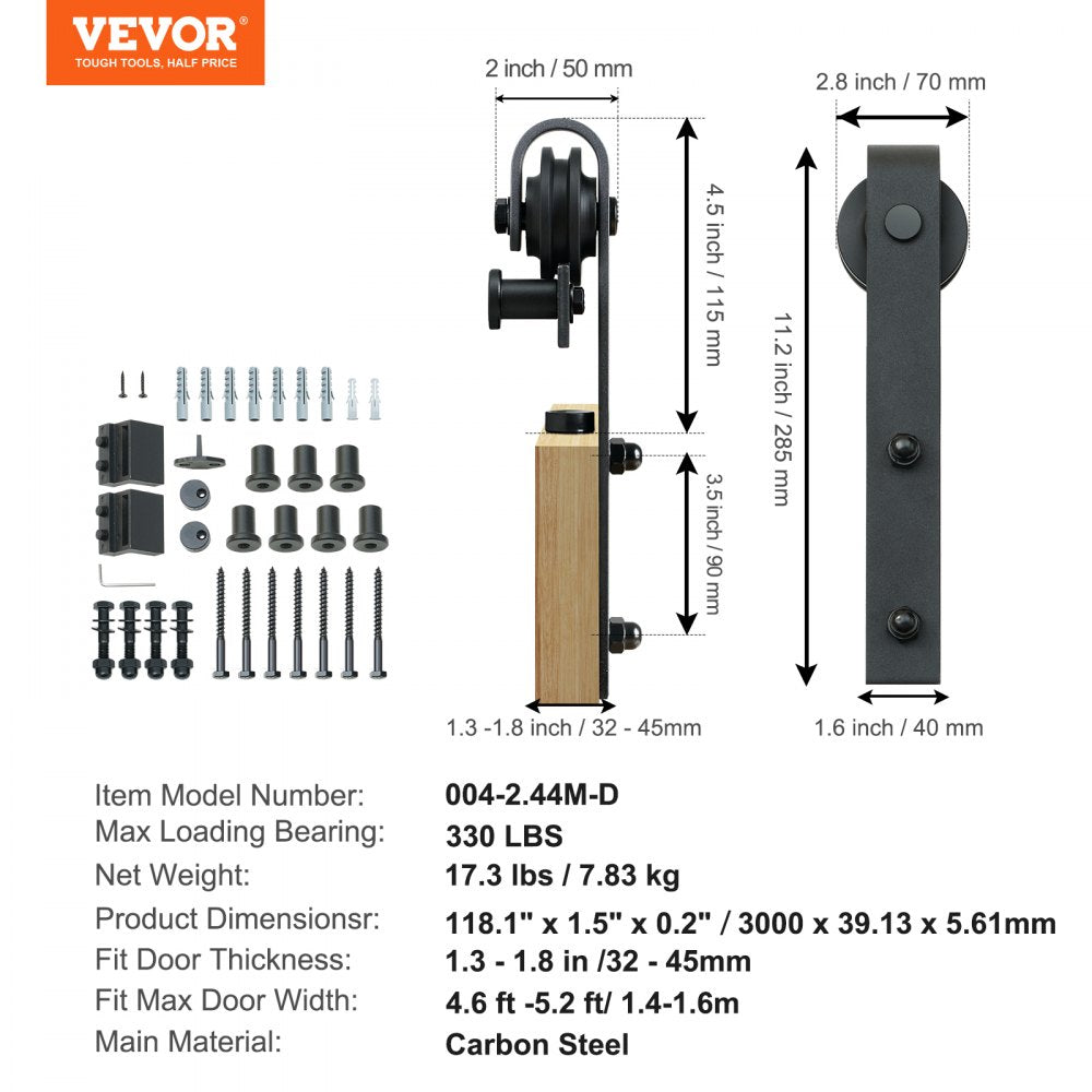 VEVOR 10FT Sliding Barn Door Hardware Kit, 330LBS Loading Heavy Duty Barn Door Track Kit for Single Door, Fit 4.6-5.2FT Wide and 1.3"-1.8" Thick Door Panel, with Smooth & Silent Pulley (J Shape) 