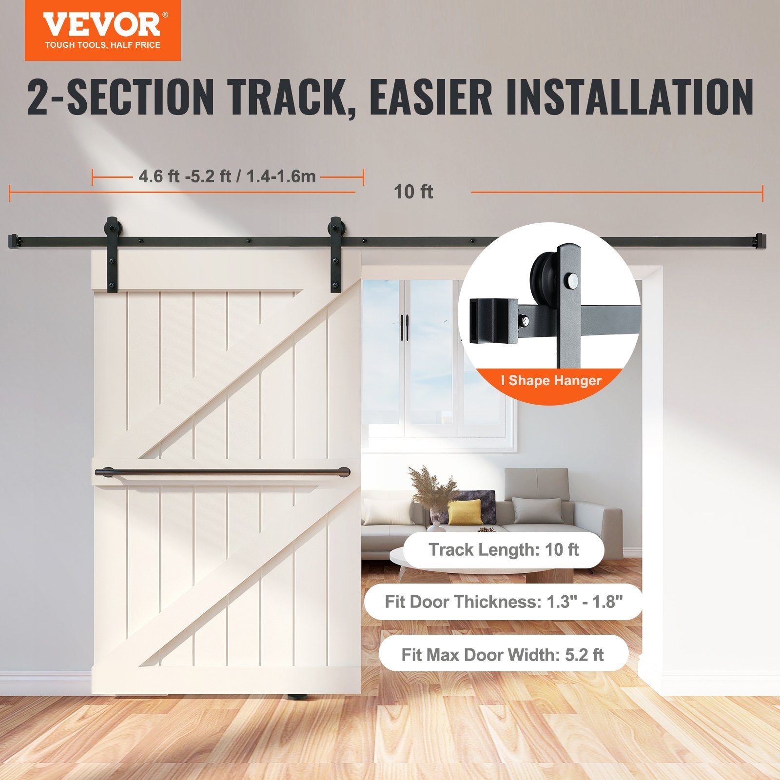 VEVOR 10FT Sliding Barn Door Hardware Kit, 330LBS Loading Heavy Duty Barn Door Track Kit for Single Door, Fit 4.6-5.2FT Wide and 1.3"-1.8" Thick Door Panel, with Smooth & Silent Pulley (I Shape) 