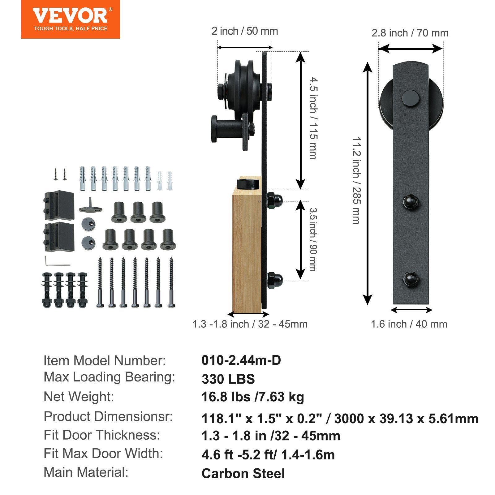 VEVOR 10FT Sliding Barn Door Hardware Kit, 330LBS Loading Heavy Duty Barn Door Track Kit for Single Door, Fit 4.6-5.2FT Wide and 1.3"-1.8" Thick Door Panel, with Smooth & Silent Pulley (I Shape) 