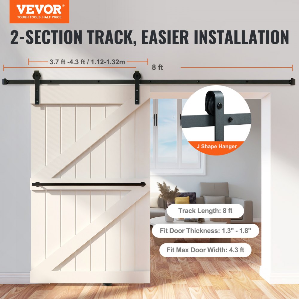 VEVOR 8FT Sliding Barn Door Hardware Kit, 330LBS Loading Heavy Duty Barn Door Track Kit for Single Door, Fit 3.7-4.3FT Wide and 1.3"-1.8" Thick Door Panel, with Smooth & Silent Pulley (J Shape) 