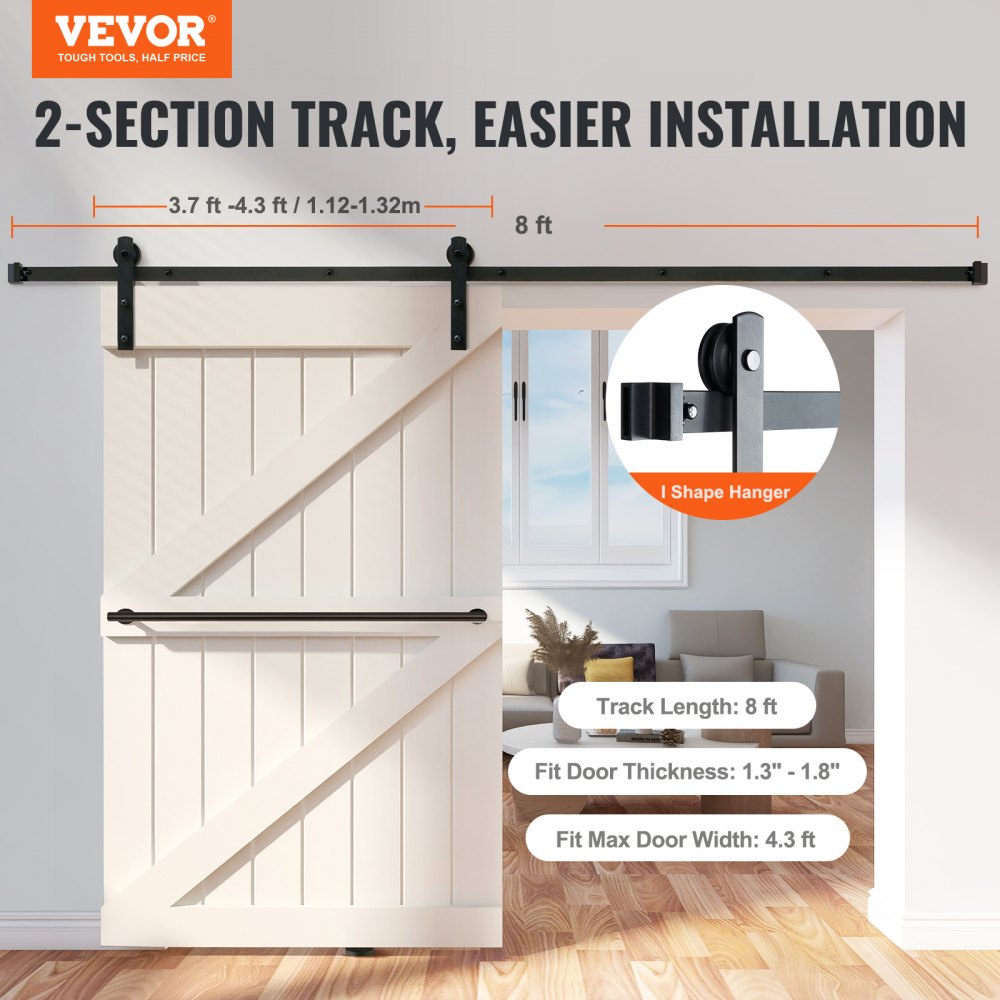 VEVOR 8FT Sliding Barn Door Hardware Kit, 330LBS Loading Heavy Duty Barn Door Track Kit for Single Door, Fit 3.7-4.3FT Wide and 1.3"-1.8" Thick Door Panel, with Smooth & Silent Pulley (I Shape) 