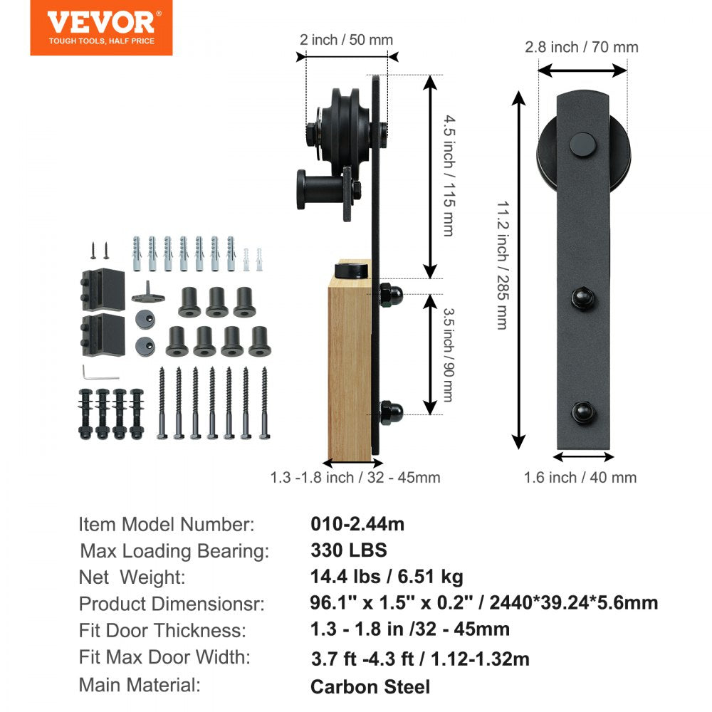 VEVOR 8FT Sliding Barn Door Hardware Kit, 330LBS Loading Heavy Duty Barn Door Track Kit for Single Door, Fit 3.7-4.3FT Wide and 1.3"-1.8" Thick Door Panel, with Smooth & Silent Pulley (I Shape) 