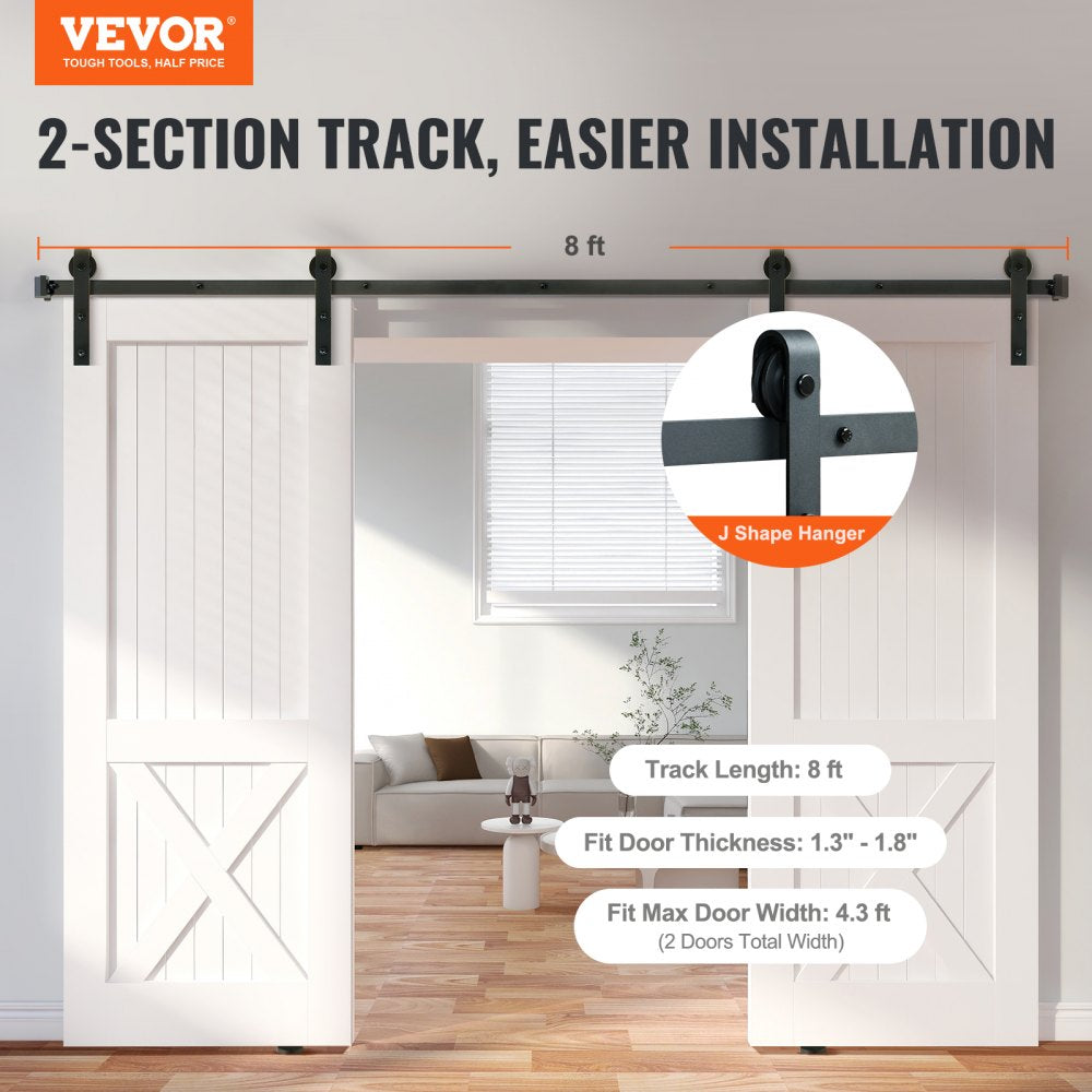 VEVOR 8FT Sliding Barn Door Hardware Kit, 330LBS Heavy Duty Barn Door Track Kit for Double Doors, Fit 3.7-4.3FT Total Wide and 1.3"-1.8" Thick 2 Door Panel, with Smooth & Silent Pulley (J Shape) 