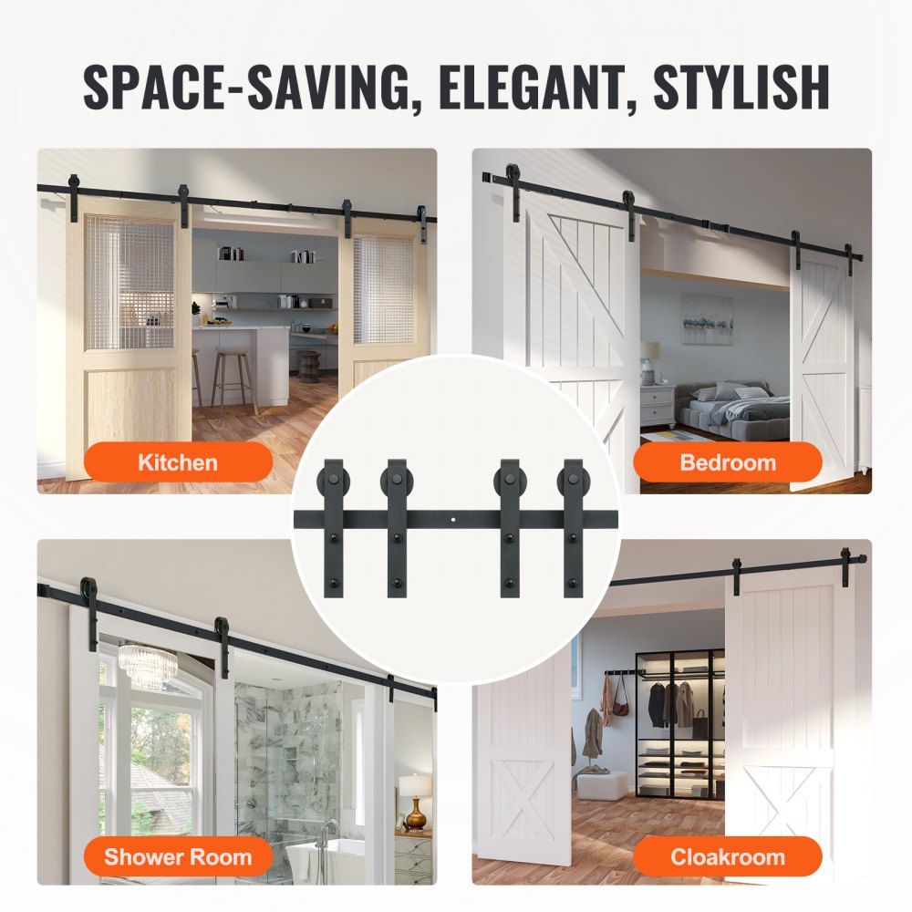 VEVOR 8FT Sliding Barn Door Hardware Kit, 330LBS Heavy Duty Barn Door Track Kit for Double Doors, Fit 3.7-4.3FT Total Wide and 1.3"-1.8" Thick 2 Door Panel, with Smooth & Silent Pulley (J Shape) 