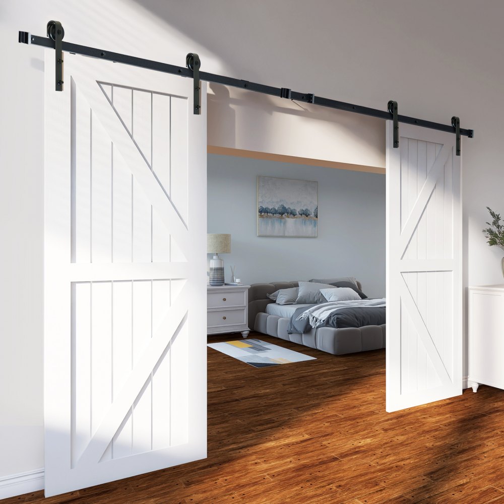VEVOR 8FT Sliding Barn Door Hardware Kit, 330LBS Heavy Duty Barn Door Track Kit for Double Doors, Fit 3.7-4.3FT Total Wide and 1.3"-1.8" Thick 2 Door Panel, with Smooth & Silent Pulley (J Shape) 