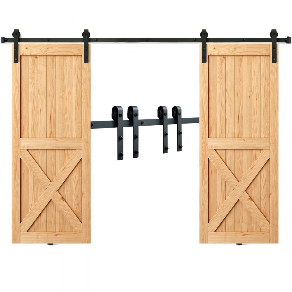 VEVOR 8FT Sliding Barn Door Hardware Kit, 330LBS Heavy Duty Barn Door Track Kit for Double Doors, Fit 3.7-4.3FT Total Wide and 1.3"-1.8" Thick 2 Door Panel, with Smooth & Silent Pulley (J Shape) 