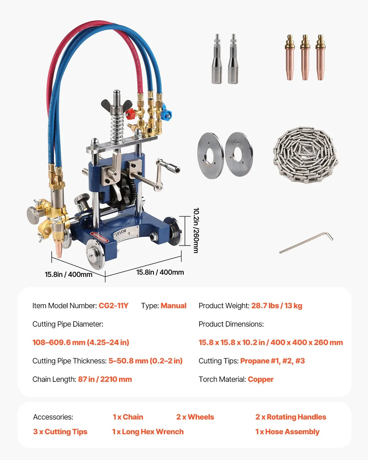 VEVOR CG2-11Y Manual Gas Pipe Cutting Machine 0.2"-2" Thick Pipe 0°-45° Portable