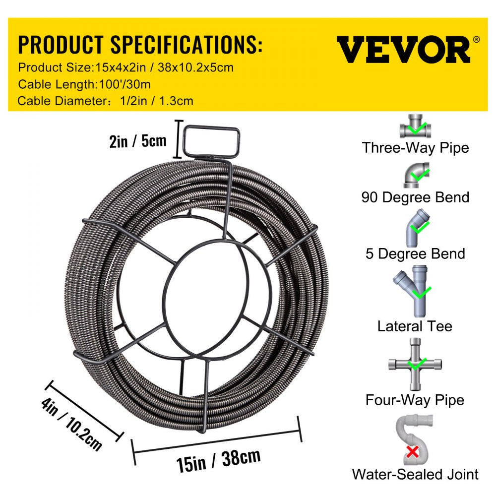 VEVOR Drain Cleaning Cable 100 Feet x 1/2 Inch Solid Core Cable Sewer Cable Drain Auger Cable Cleaner Snake Clog Pipe Drain Cleaning Cable Sewer Drain Auger Snake Pipe 