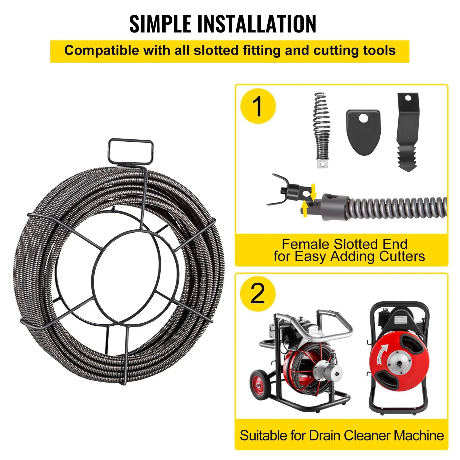 VEVOR Drain Cleaning Cable 50 Feet x 3/8 Inch Solid Core Cable Sewer Cable Drain Auger Cable Cleaner Snake Clog Pipe Drain Cleaning Cable Sewer Drain Auger Snake Pipe