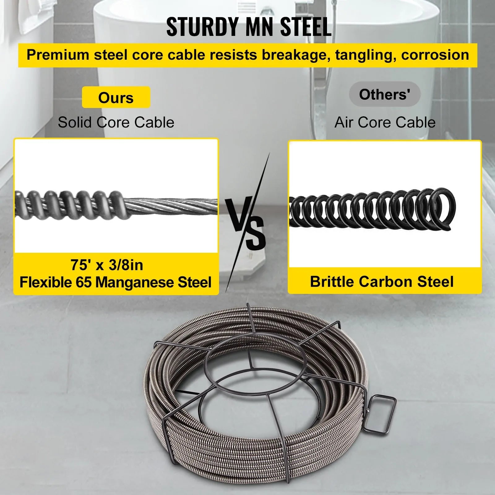 VEVOR Drain Cleaning Cable 75 Feet x 3/8 Inch Solid Core Cable Sewer Cable Drain Auger Cable Cleaner Snake Clog Pipe Drain Cleaning Cable Sewer Drain Auger Snake Pipe