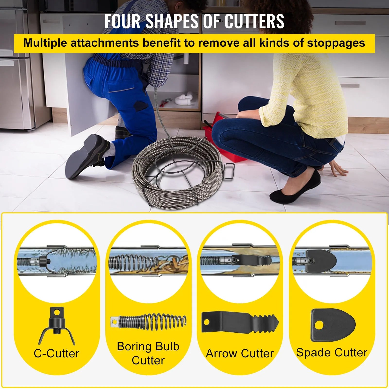 VEVOR Drain Cleaning Cable 75 Feet x 3/8 Inch Solid Core Cable Sewer Cable Drain Auger Cable Cleaner Snake Clog Pipe Drain Cleaning Cable Sewer Drain Auger Snake Pipe