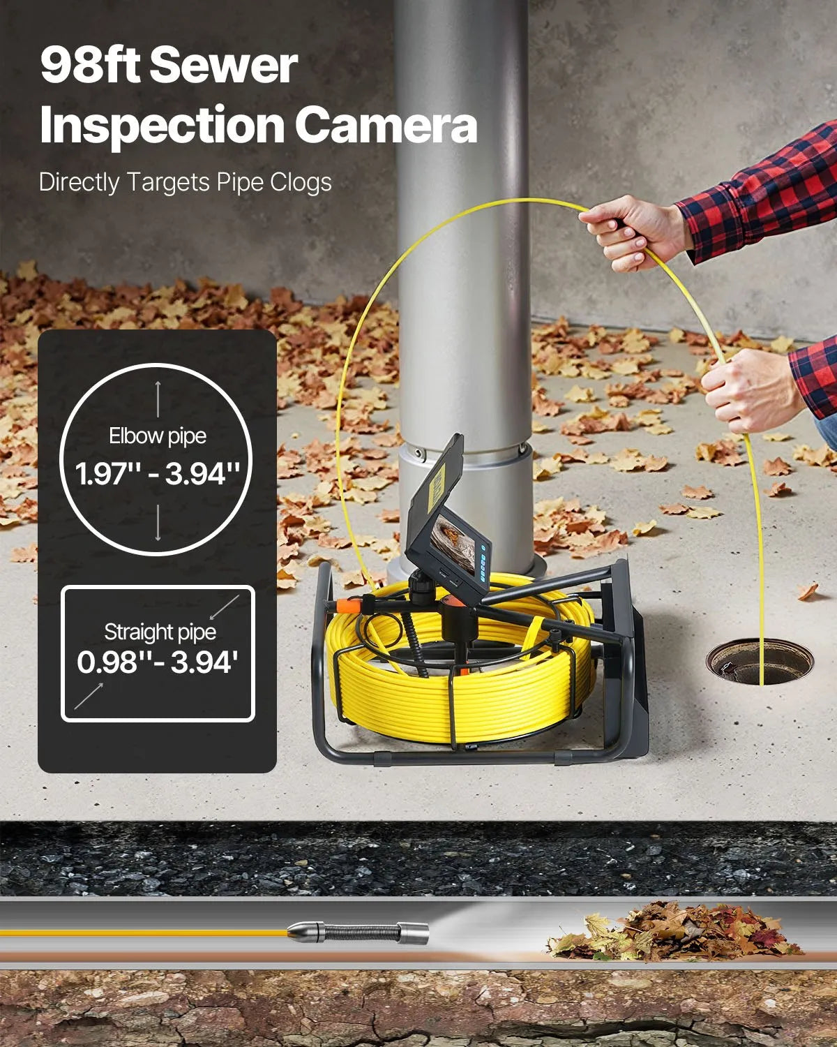 VEVOR Sewer Camera 98.4 FT Cable Pipeline Inspection Camera 4.3 Inch TFT LCD Monitor Pipe Camera Screen Waterproof IP68 Duct Inspection Camera with 6PCS LEDs 8500MAH Lithium Battery, DVR Function, 30M