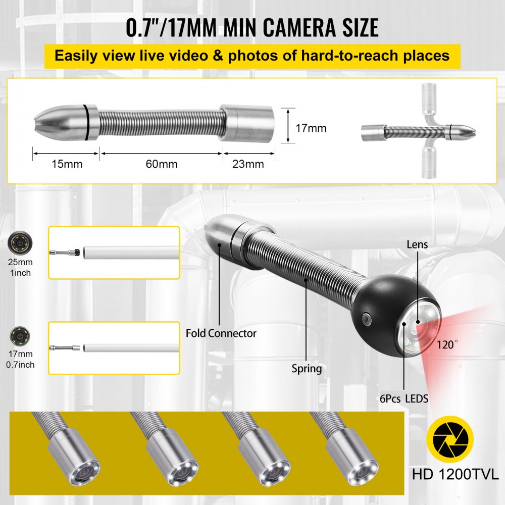 VEVOR Sewer Camera, 164FT 4.3\" Screen, Pipeline Inspection Camera with DVR Function & Snake Cable, Waterproof IP68 Borescope w/LED Lights, Industrial Endoscope for Home Wall Duct Drain Pipe Plumbing 