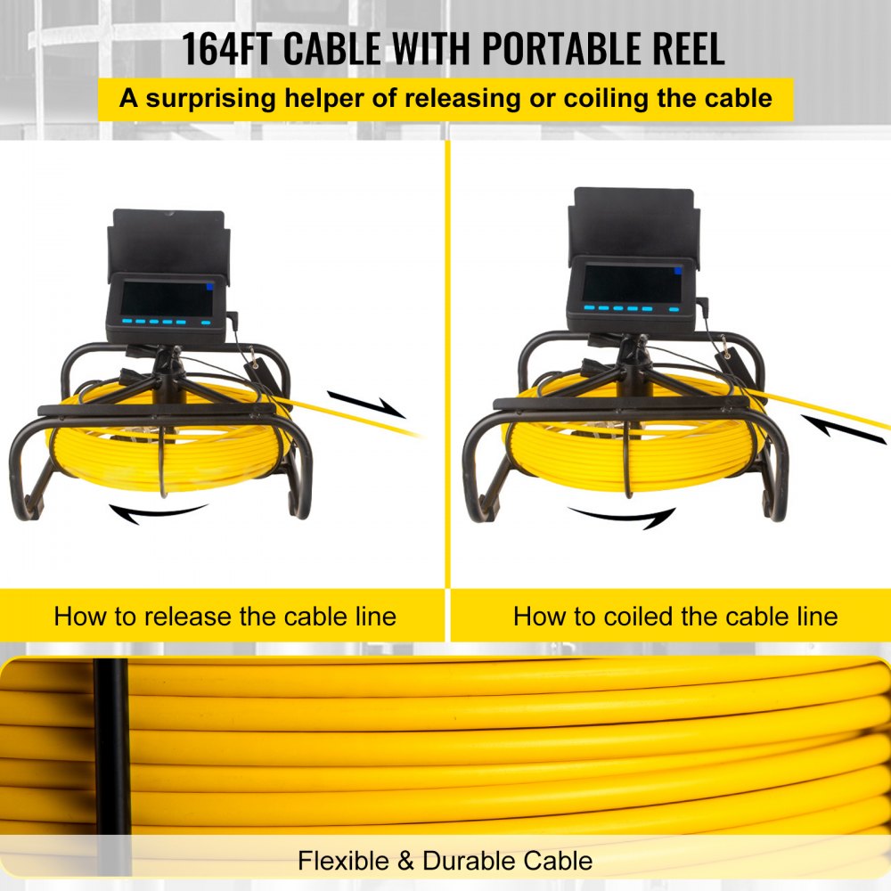 VEVOR Sewer Camera, 164FT 4.3\" Screen, Pipeline Inspection Camera with DVR Function & Snake Cable, Waterproof IP68 Borescope w/LED Lights, Industrial Endoscope for Home Wall Duct Drain Pipe Plumbing 