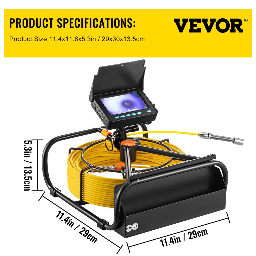 VEVOR Sewer Camera, 164FT 4.3\" Screen, Pipeline Inspection Camera with DVR Function & Snake Cable, Waterproof IP68 Borescope w/LED Lights, Industrial Endoscope for Home Wall Duct Drain Pipe Plumbing 