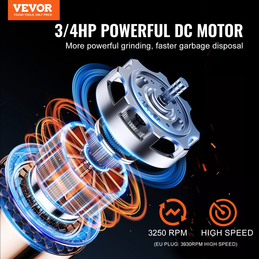 VEVOR Garbage Disposal 3/4 HP Continuous Food Waste Disposer 3250 RPM EZ Connect 