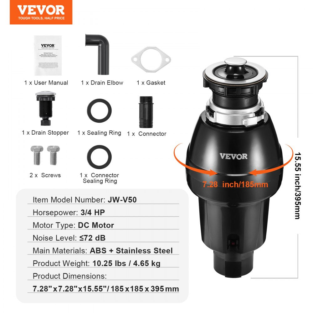 VEVOR Garbage Disposal 3/4 HP Continuous Food Waste Disposer 3250 RPM EZ Connect 