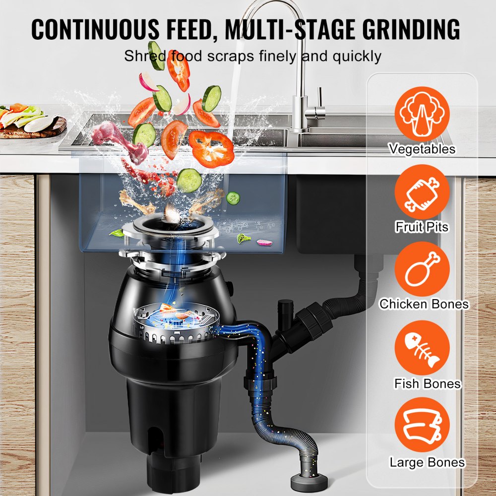 VEVOR Garbage Disposal 3/4 HP Continuous Food Waste Disposer 3260 RPM 3-Bolt 