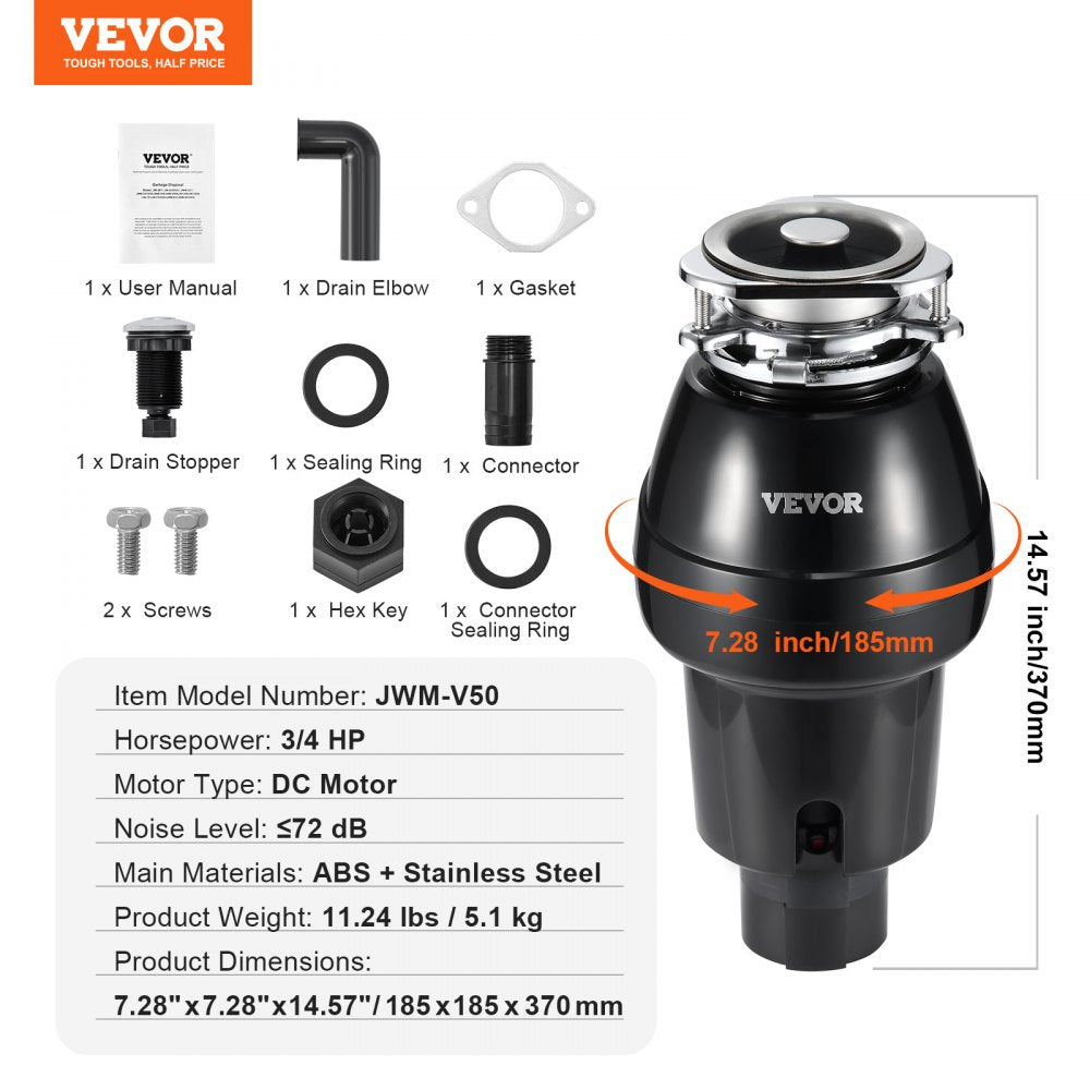 VEVOR Garbage Disposal 3/4 HP Continuous Food Waste Disposer 3260 RPM 3-Bolt 