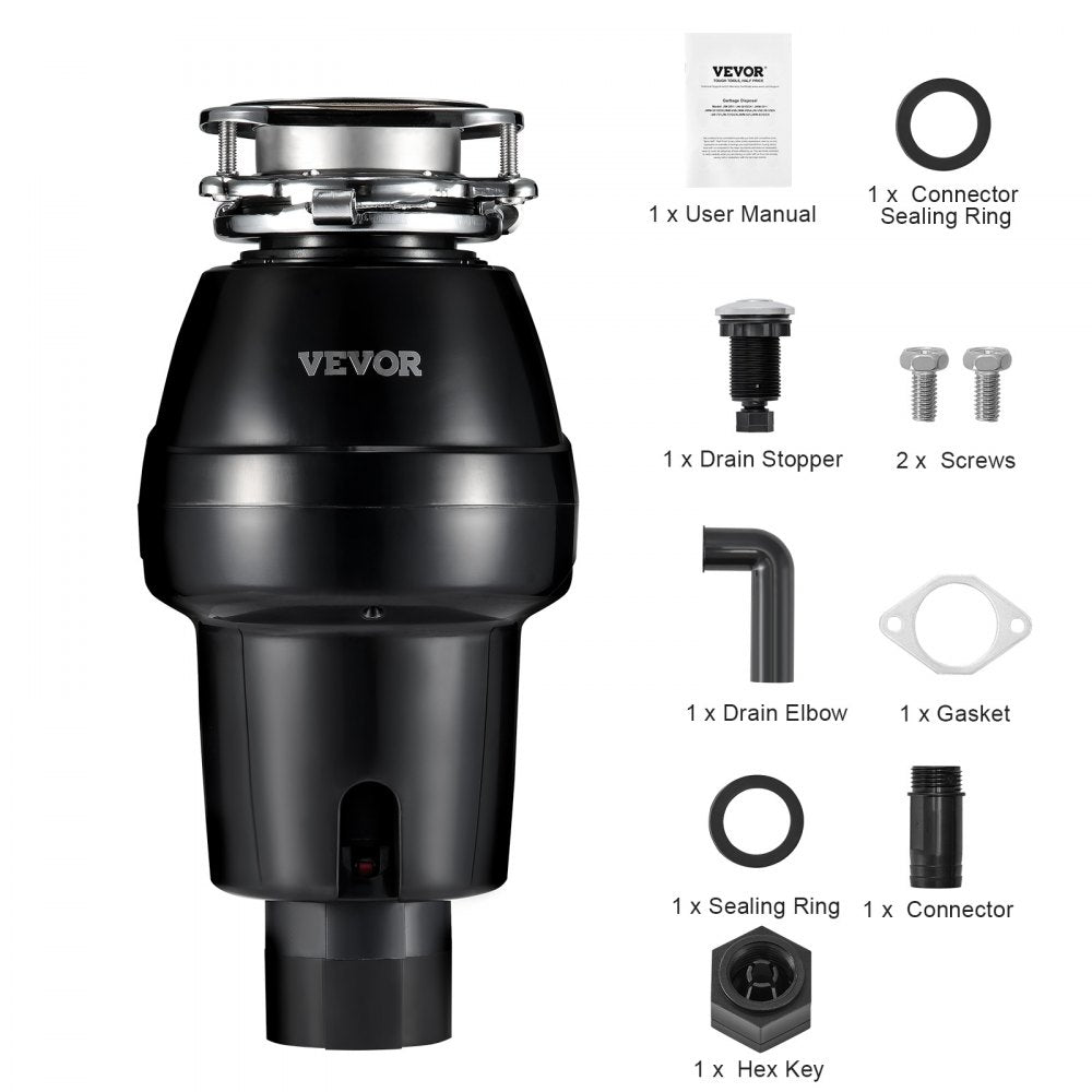 VEVOR Garbage Disposal 3/4 HP Continuous Food Waste Disposer 3260 RPM 3-Bolt 
