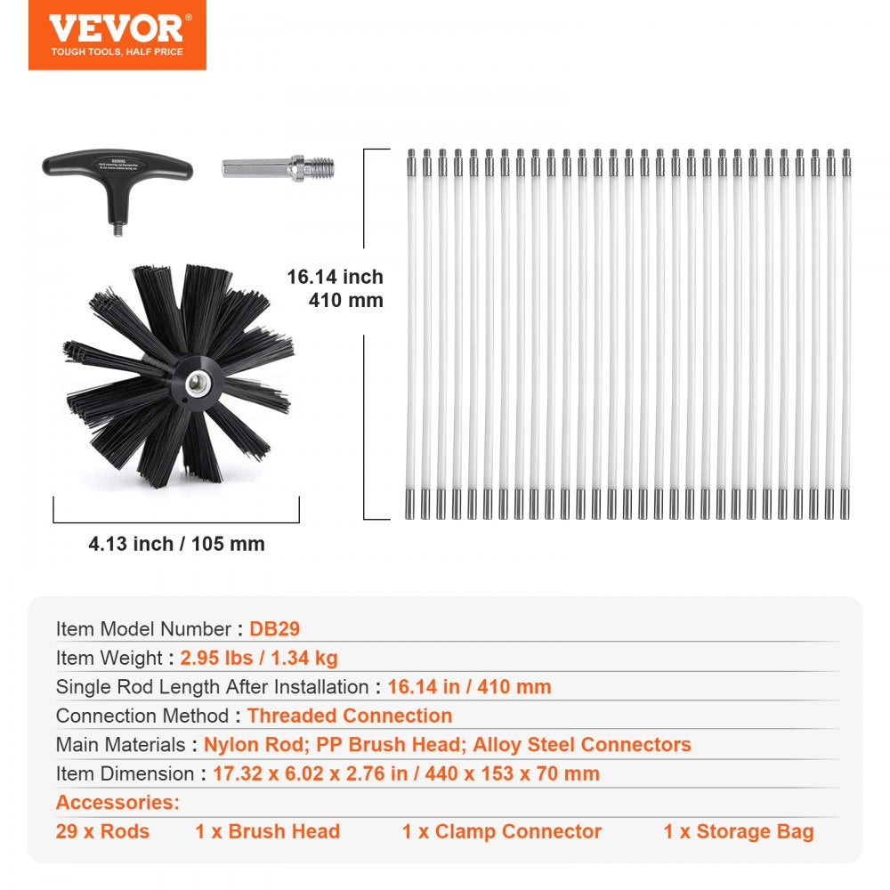 VEVOR 40 FEET Dryer Vent Cleaner Kit, 29 Pieces Duct Cleaning Brush, Reinforced Nylon Dryer Vent Brush, Dryer Cleaning Tools Lint Remover with Flexible Lint Trap Brush, Clamp Connectors 